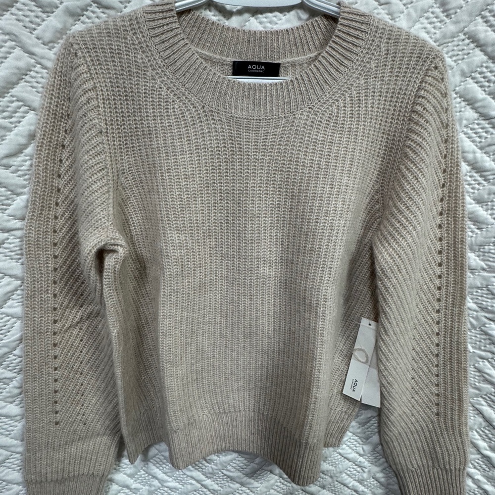 AQUA CASHMERE Ribbed Oatmeal Crewneck Sweater